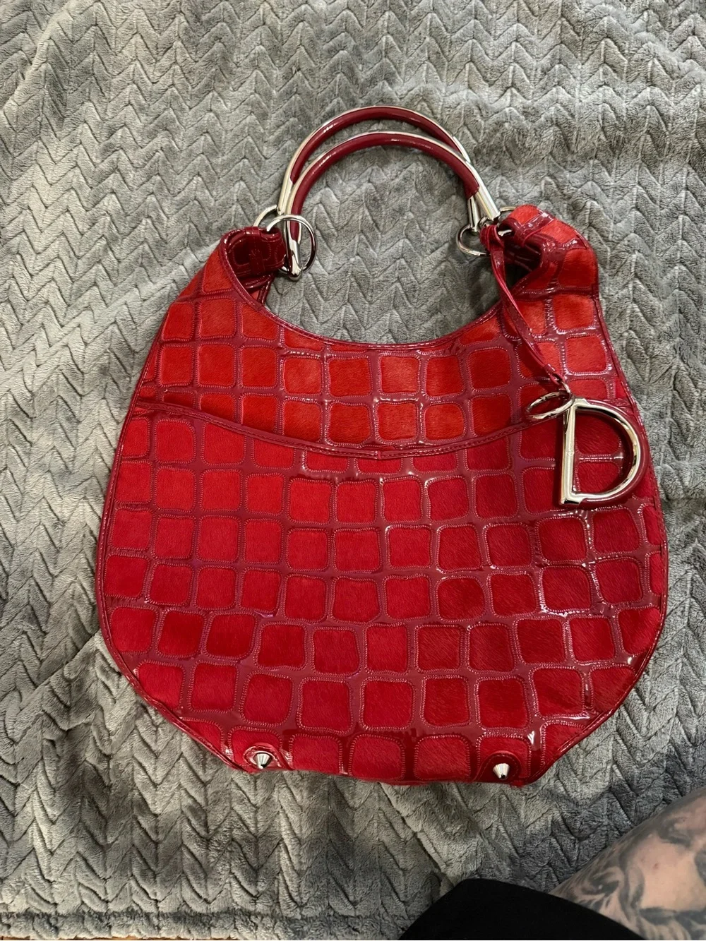 Christian Dior Vintage Red Pony Hair Hobo Bag with Metal D-Ring Accent
